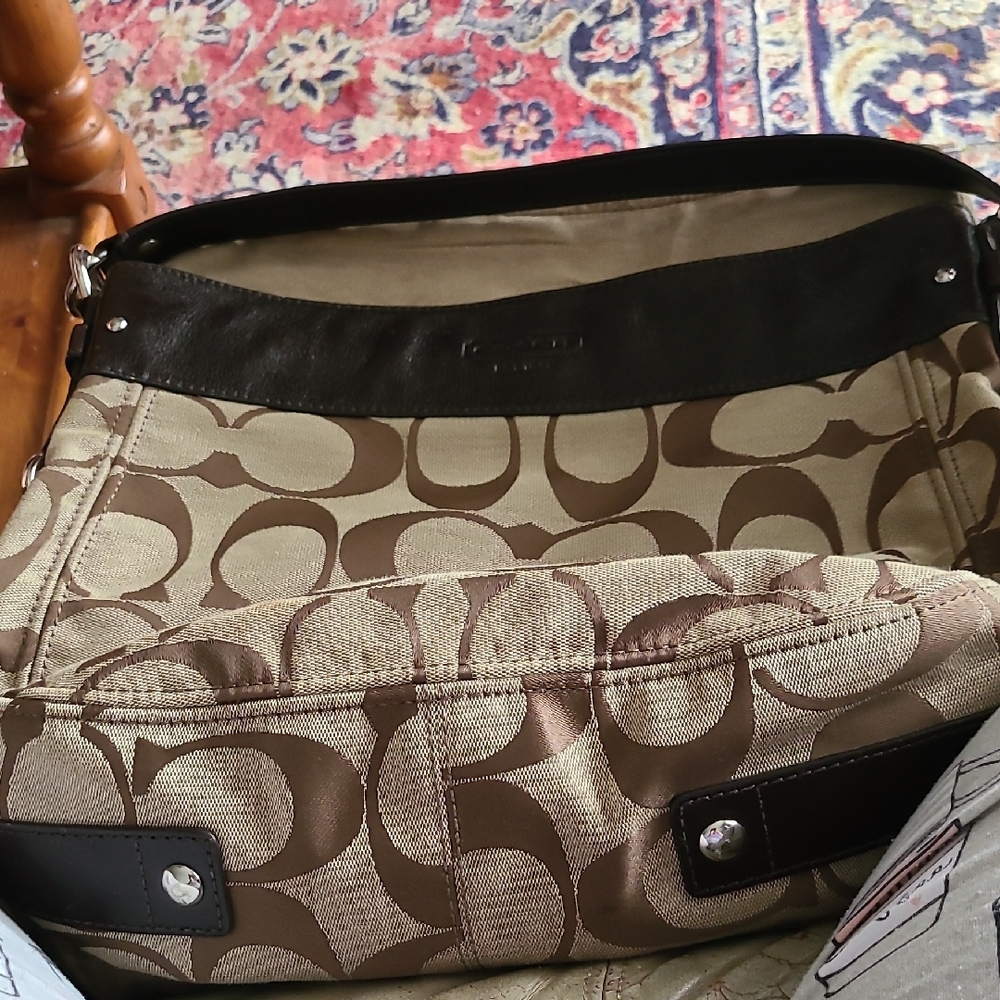 Coach Tan and Black Signature Shoulder Bag